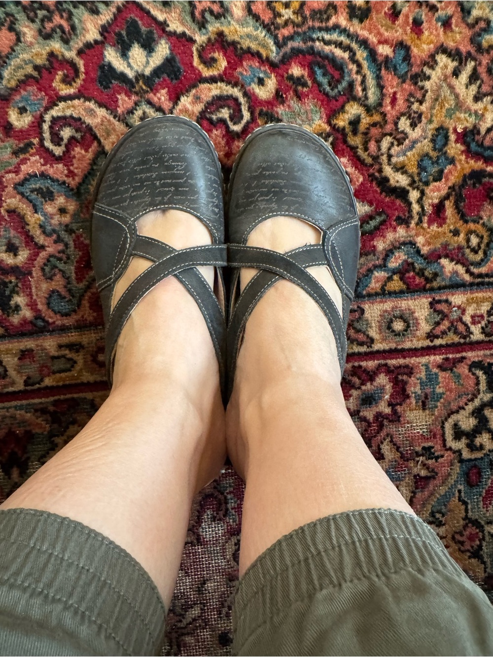 Black leather flats, open back, super comfortable